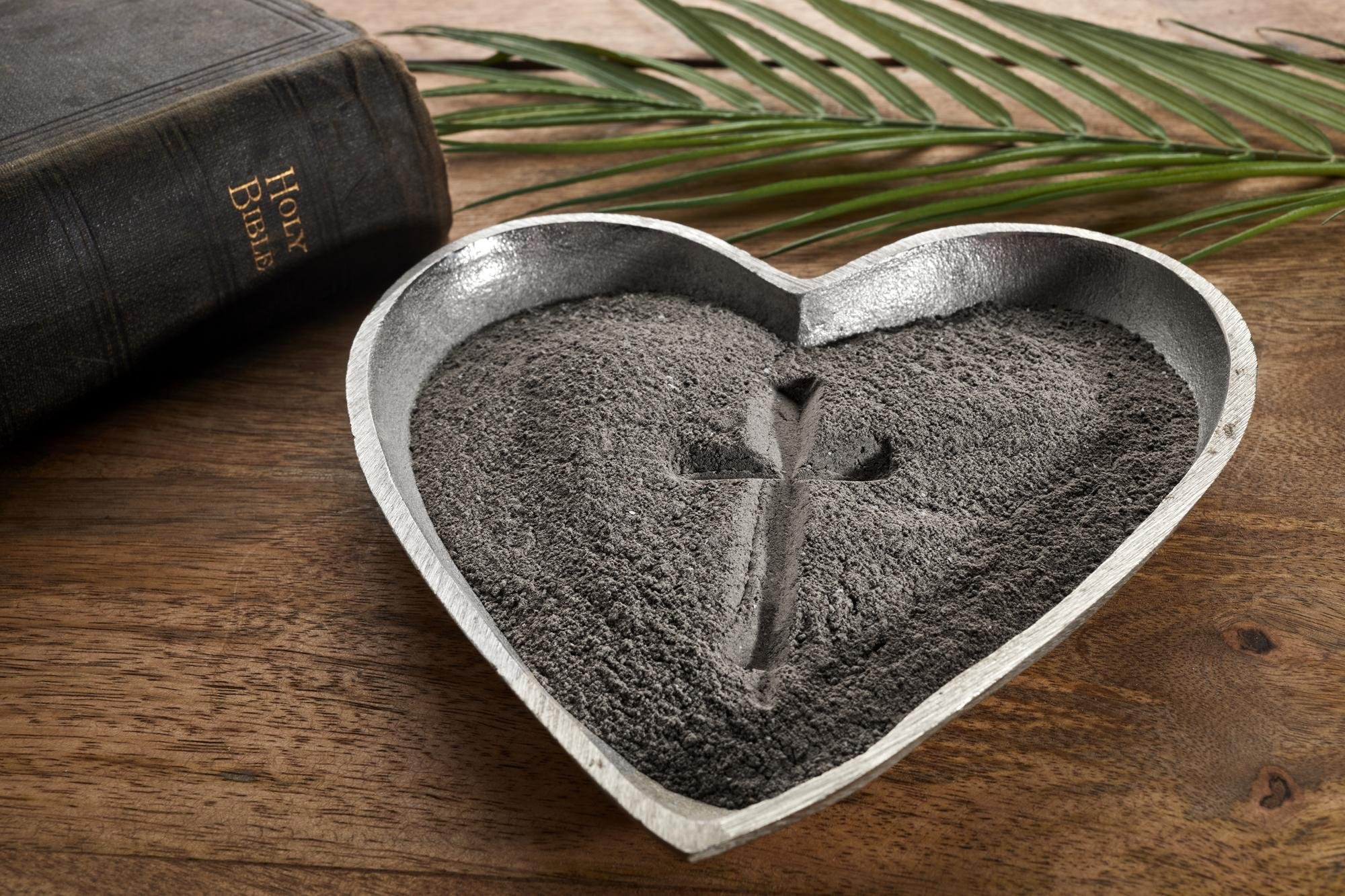 Cross imprint in ashes with Bible and palm frond
