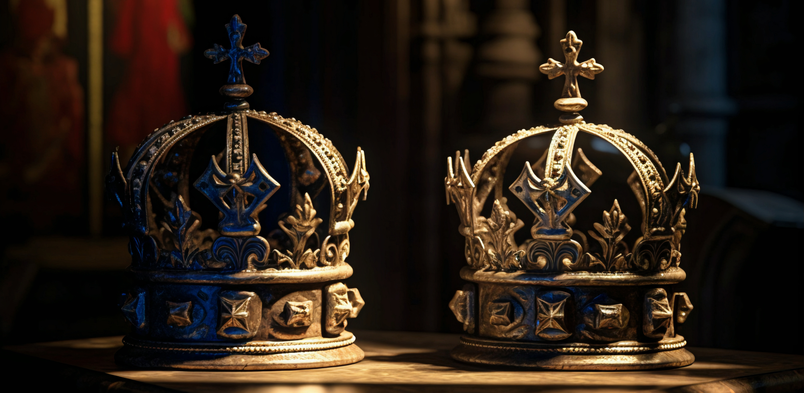 Two golden crowns on a table